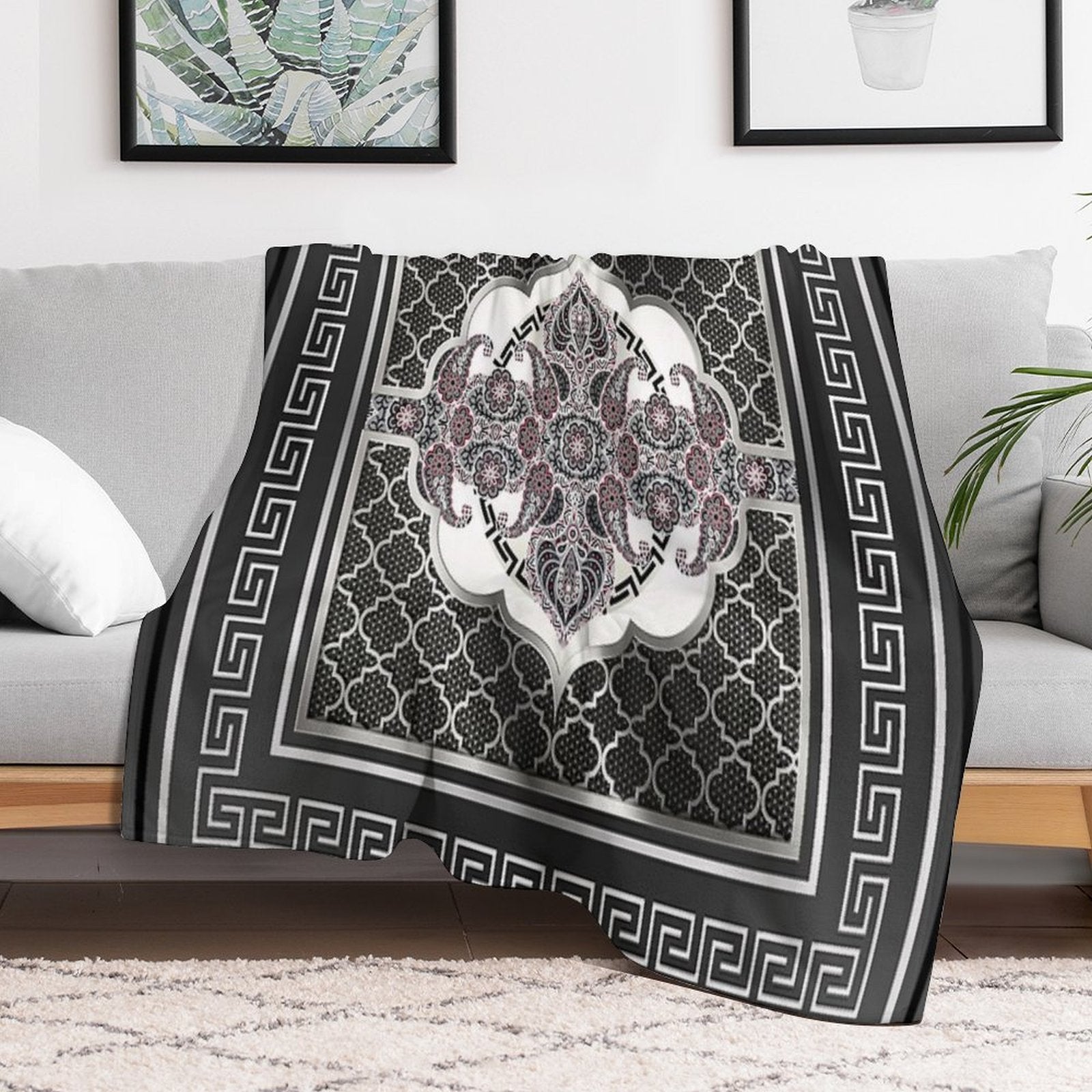 Greek Key Border Black Silver And White Design Plush Throw Blanket
