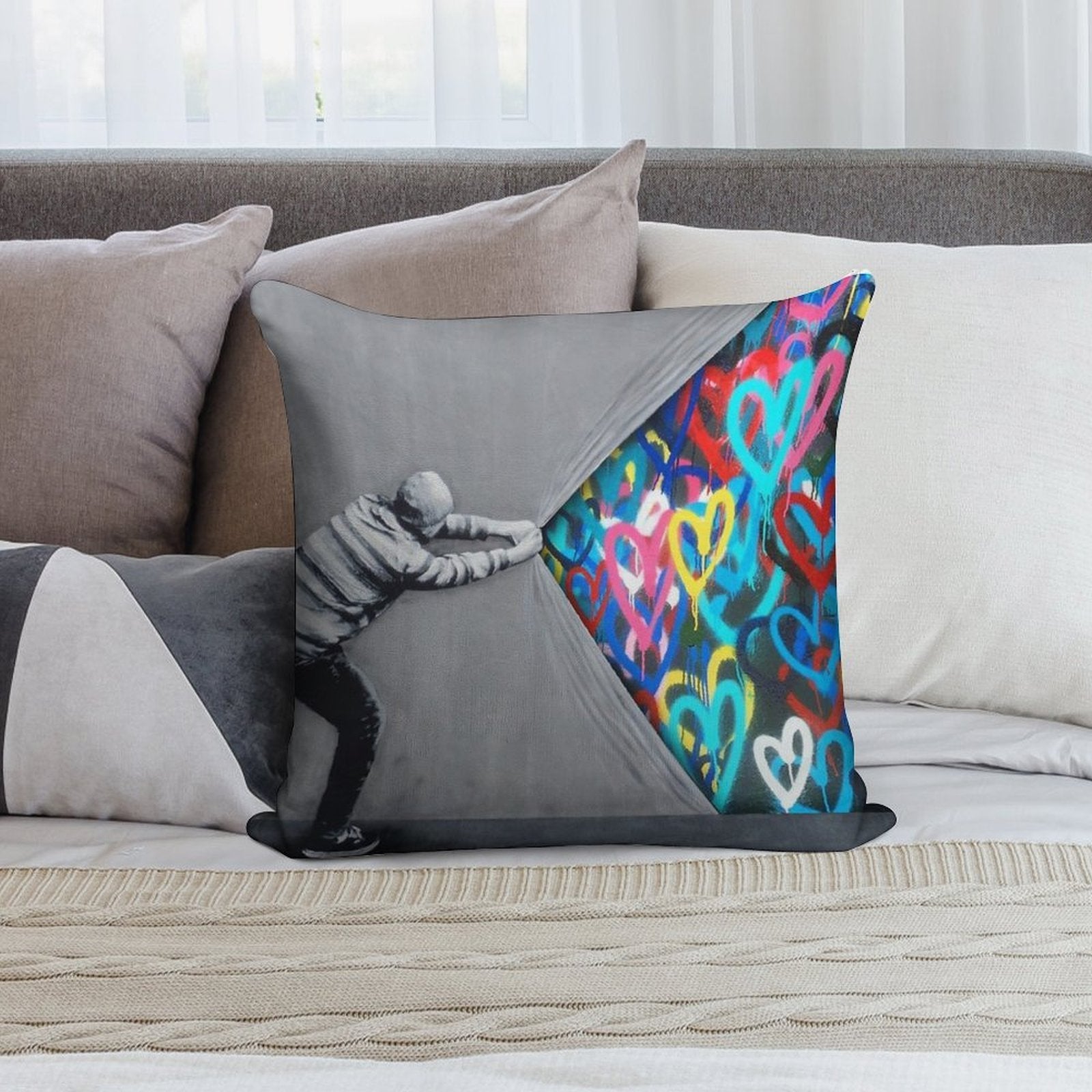 Behind The Curtain Graffiti Hearts Spray Paint Art Soft Easy Maintenance Throw Pillow