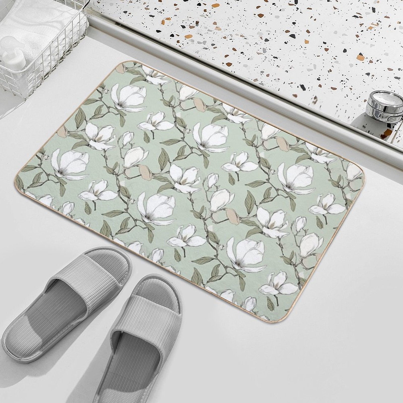 Blooming Elegance Magnolia Blossom Pattern Durable Bath Mat