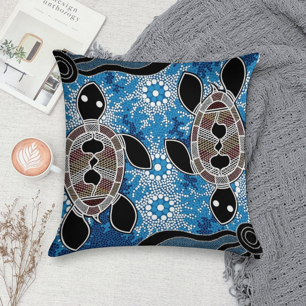 Authentic Aboriginal Art  - Sea Turtles Soft Short Plush Fabric Throw Pillow