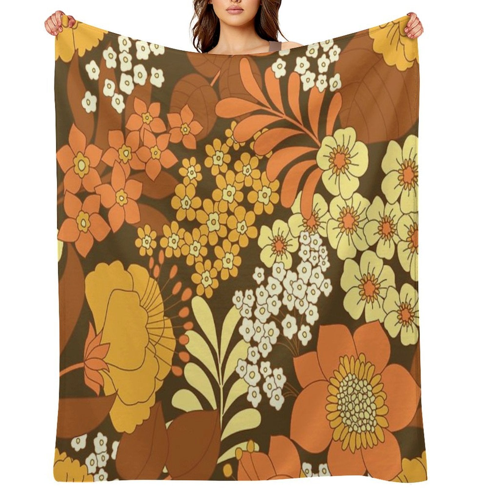 Brown, Yellow, Orange & Ivory Retro Flowers Premium Throw Blanket