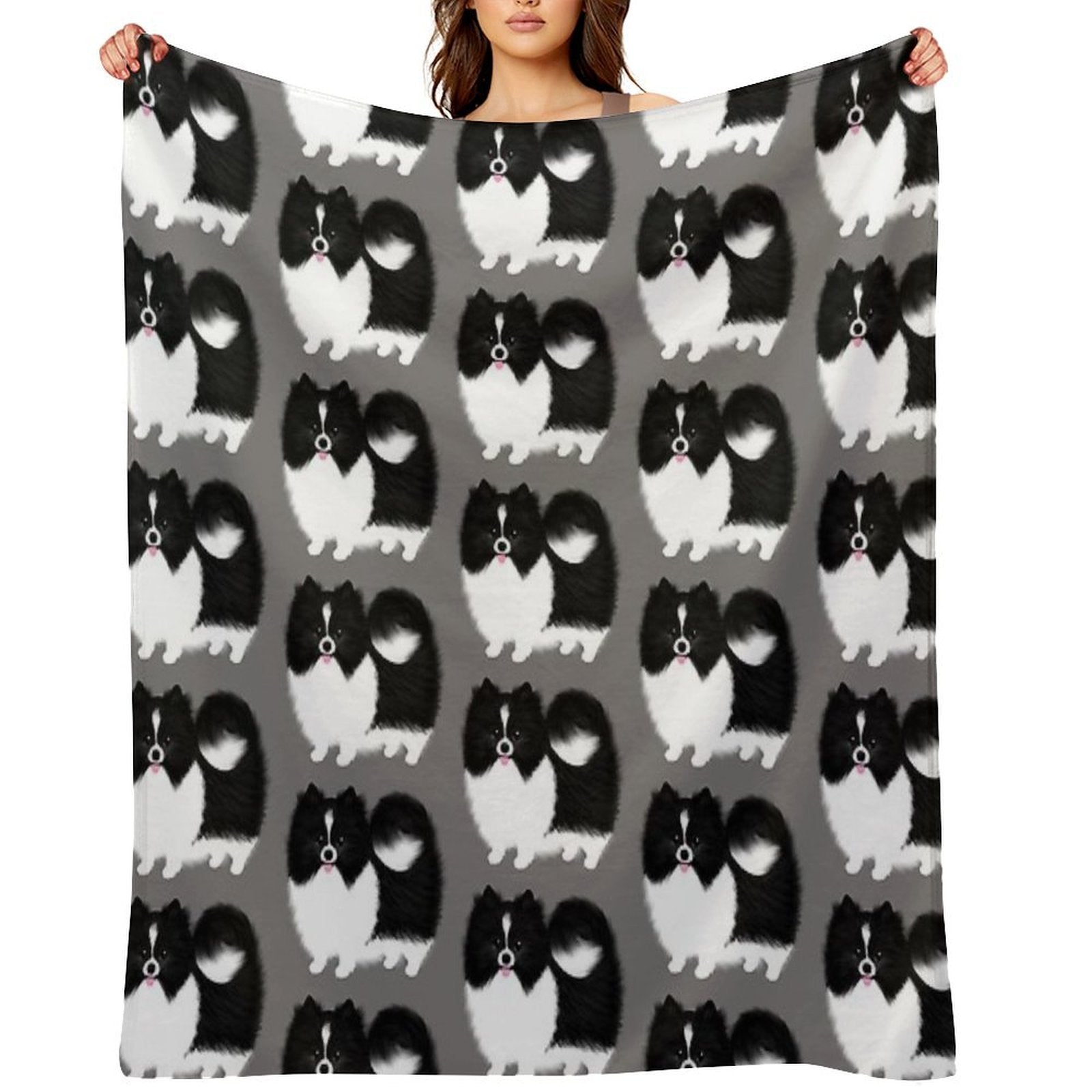Black And White Parti Pomeranian  Cute Black And White Fluffy Dog Durable Throw Blanket