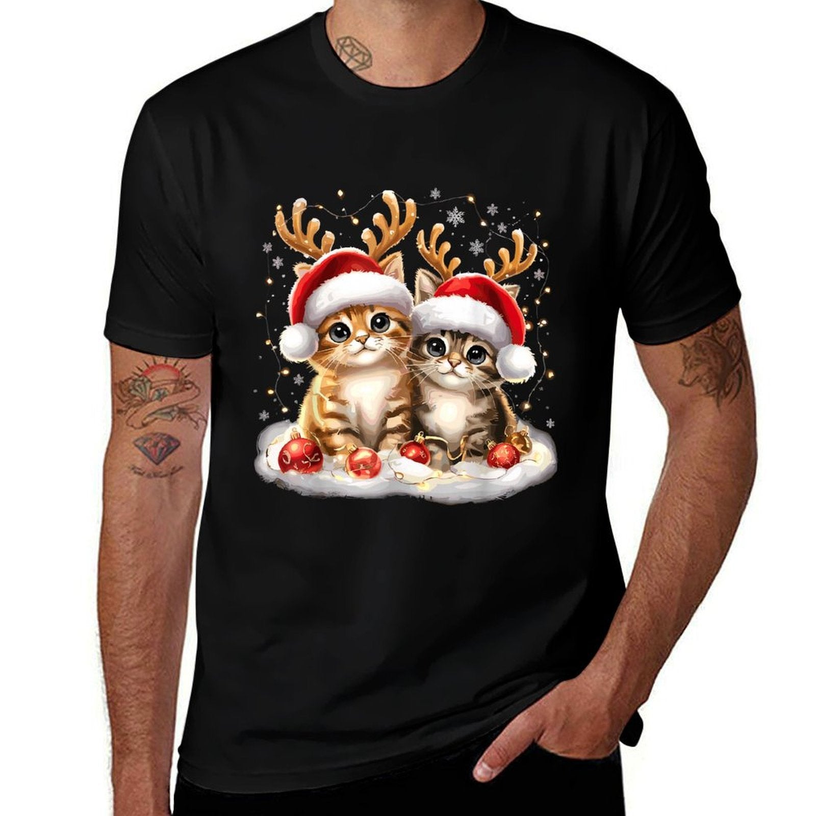 Cat Christmas Light Reindeer Santa  Breathable T-Shirt