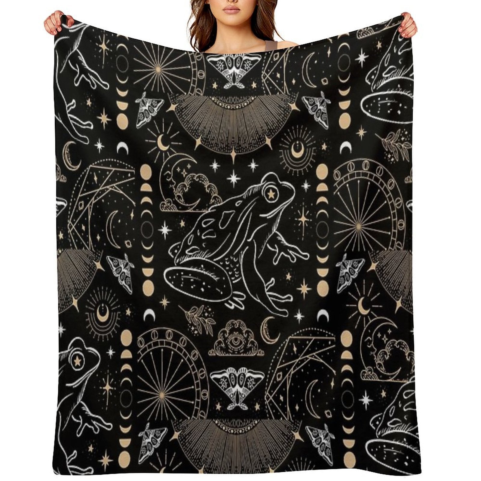 Dark Academia Gothic Frog Grunge Moon Phases Magic, Fairycore Occult Goth Fantasy Plush Throw Blanket