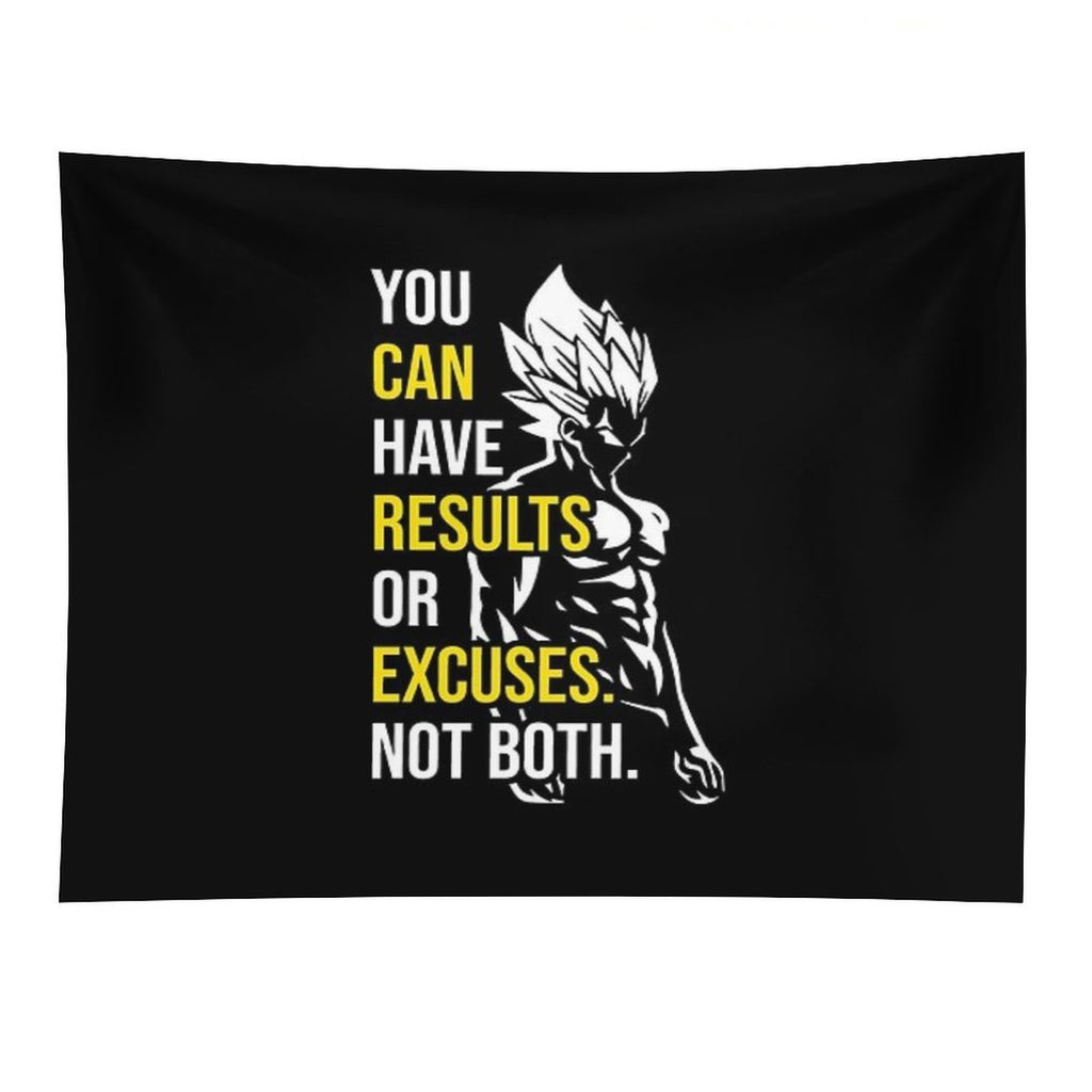 Results Vs Excuses - Vegeta Gym Motivational Tapestry