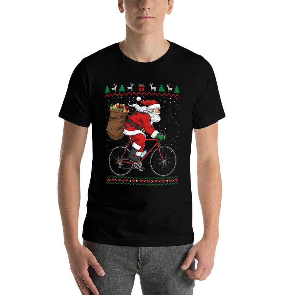Santa Claus Riding Bicycle Christmas Funny Ugly Sweater  Easy-care T-Shirt