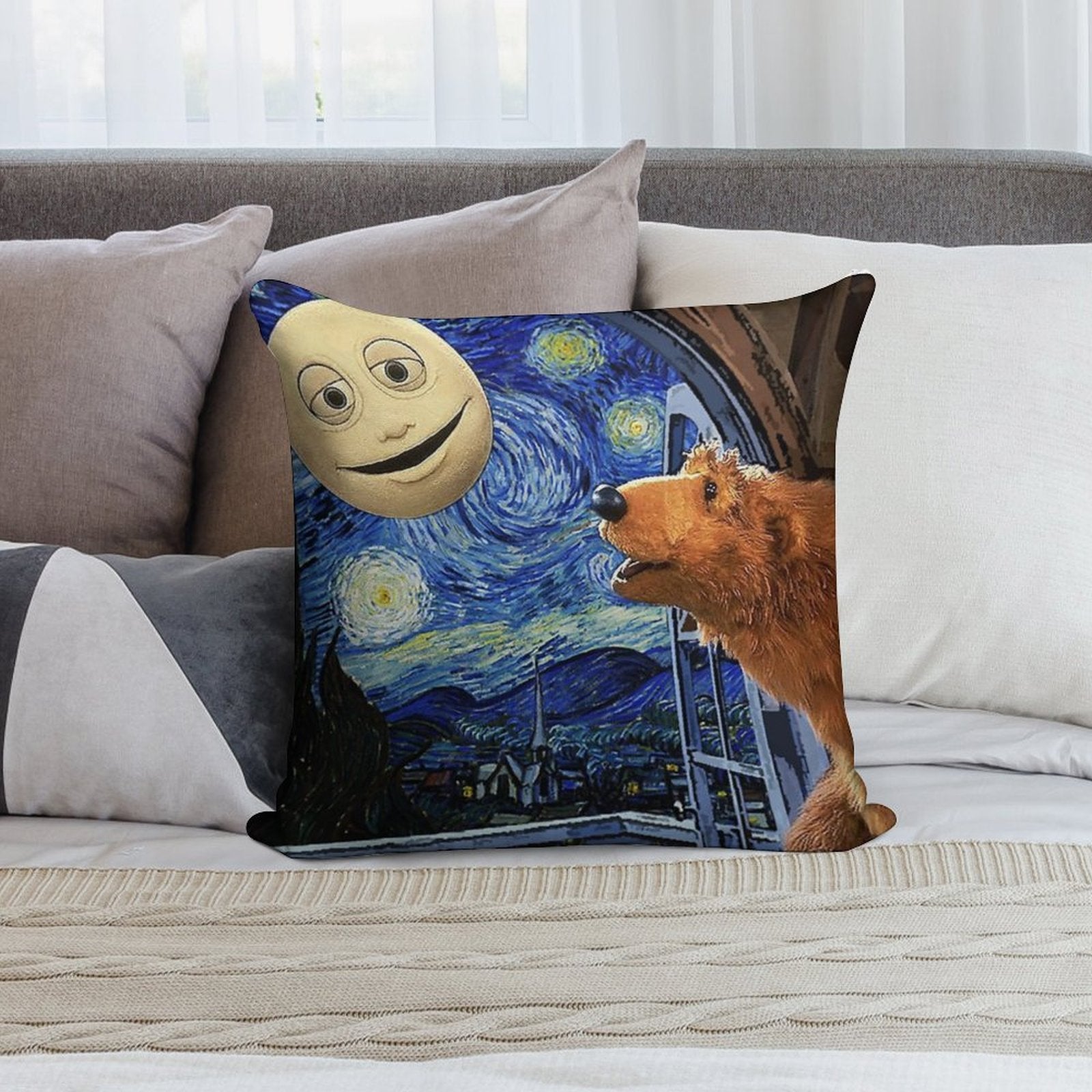 Bear in The Big Blue House with Starry Night Soft Easy Maintenance Throw Pillow