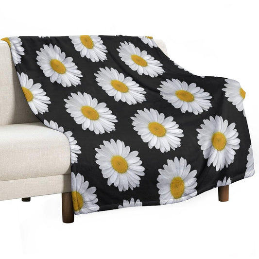 Modern Simple Elegant White Daisy Flowers on Black Anti-pilling Throw Blanket
