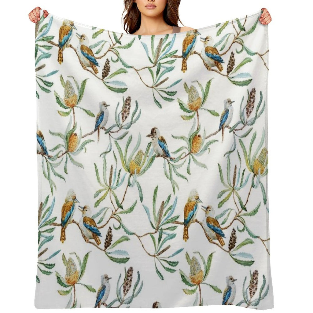 Australian Kookaburras, Waratah Flowers,  Leaves Pattern Plush Throw Blanket