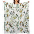 Australian Kookaburras, Waratah Flowers,  Leaves Pattern Plush Throw Blanket