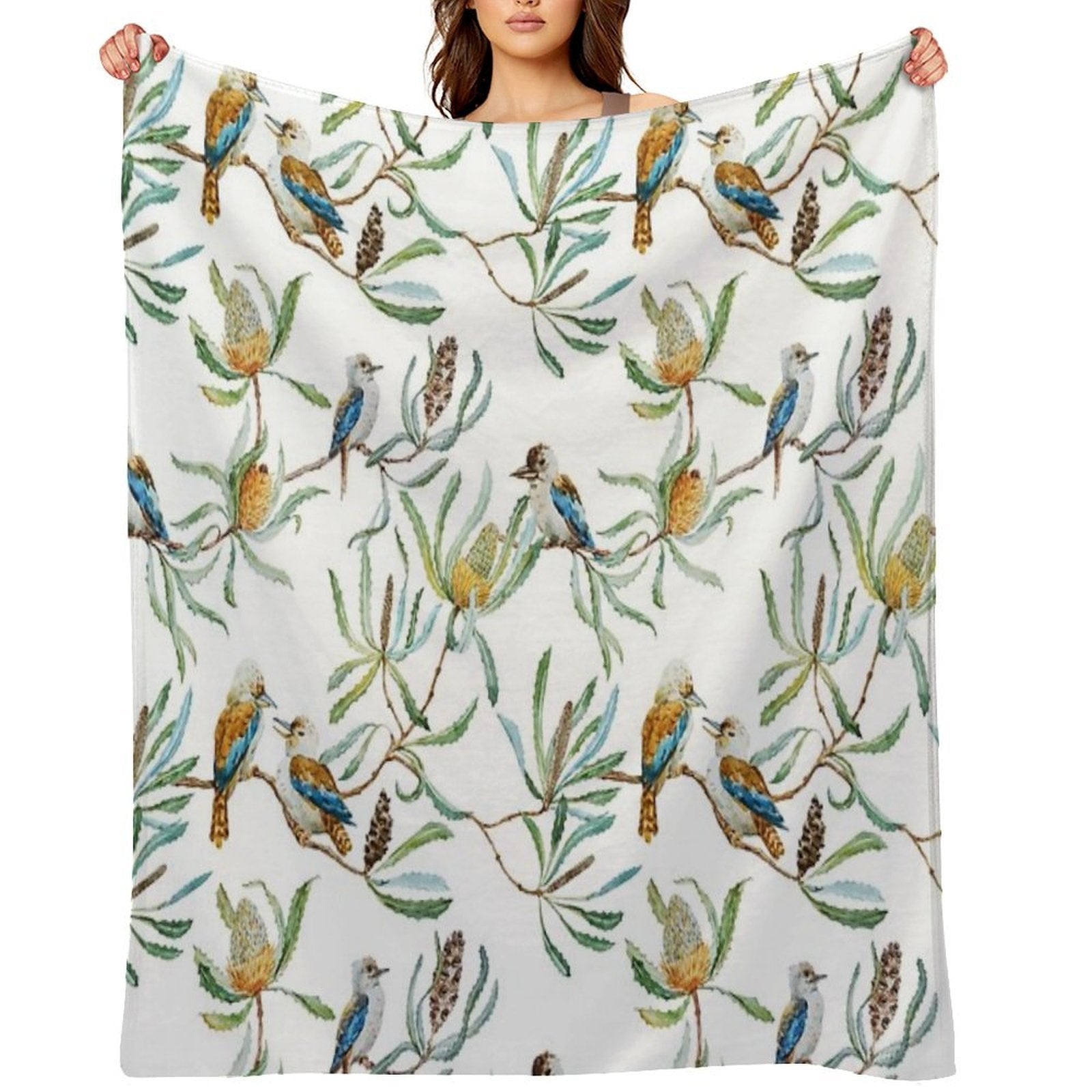 Australian Kookaburras, Waratah Flowers,  Leaves Pattern Plush Throw Blanket