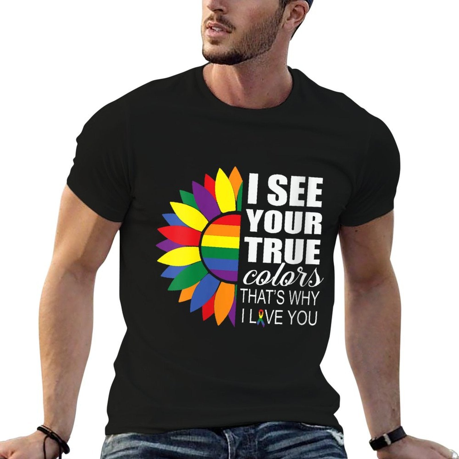 Womens LGBT Pride I See Your True Colors Sunflower Rainbow Gay Comfortable T-Shirt