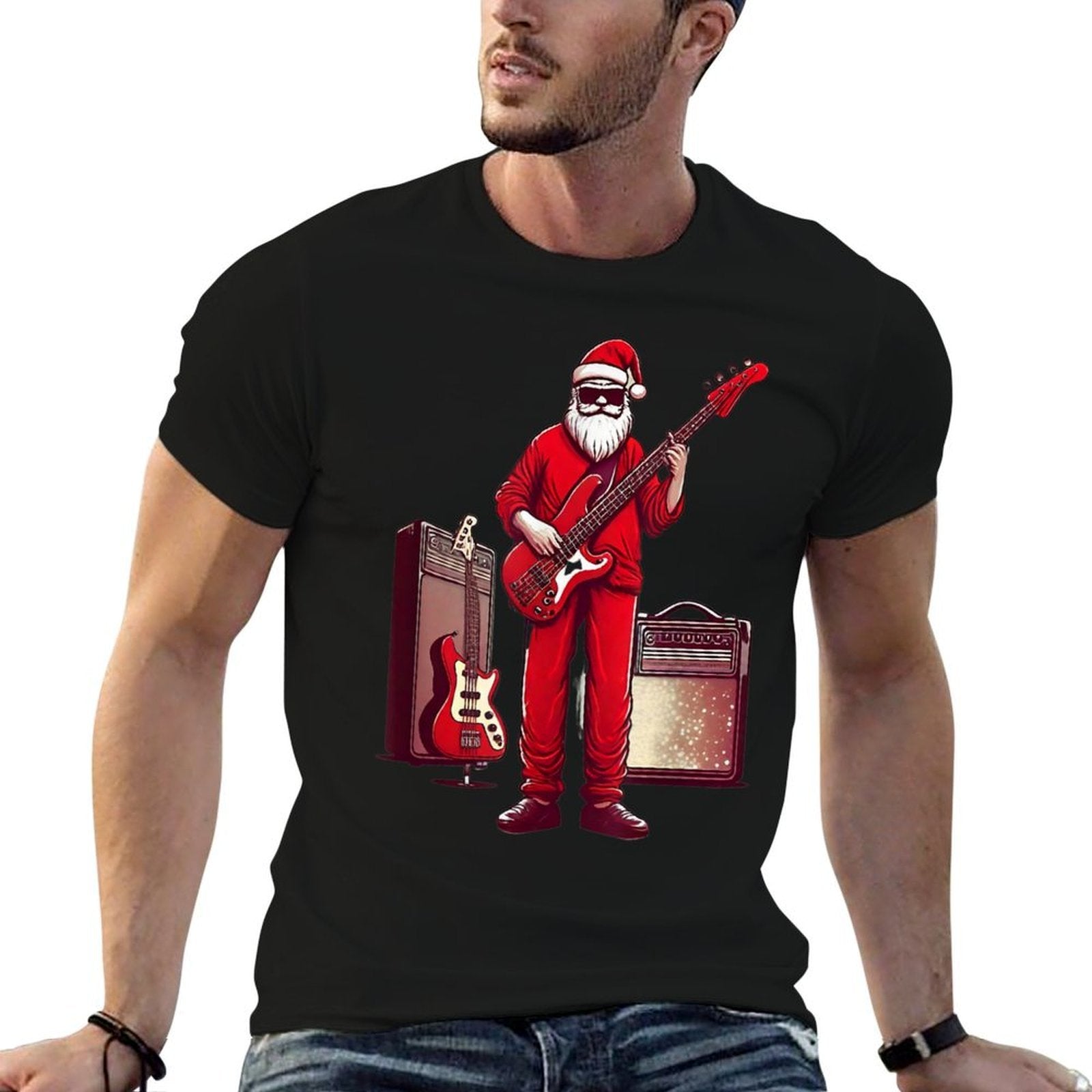 Santa Playing Guitar Bass Christmas Pajama Musician Bassist  Lightweight T-Shirt