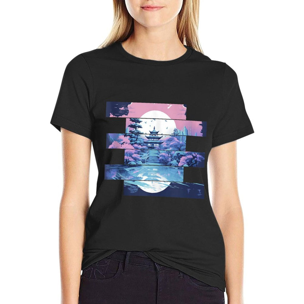 Serenity in Stripes Tranquil Temple at Twilight  Tagless Design T-Shirt