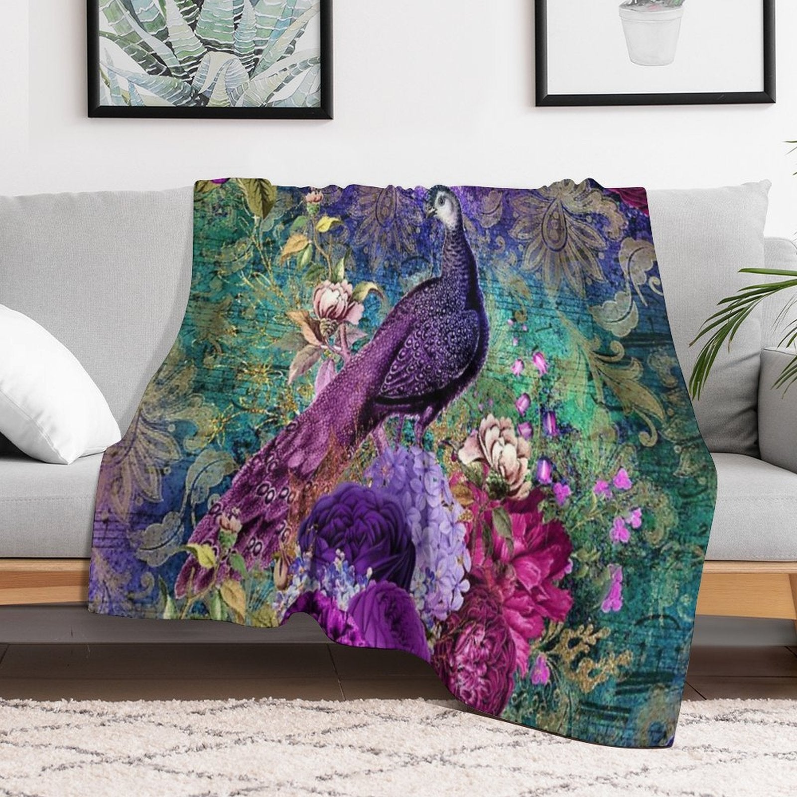 Elegant Vintage Purple Teal Peacocks Velvety-soft Throw Blanket