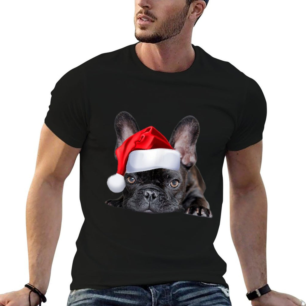 Cute French Bulldog Santa Hat Frenchie Image Christmas Gift  Heathered Texture T-Shirt