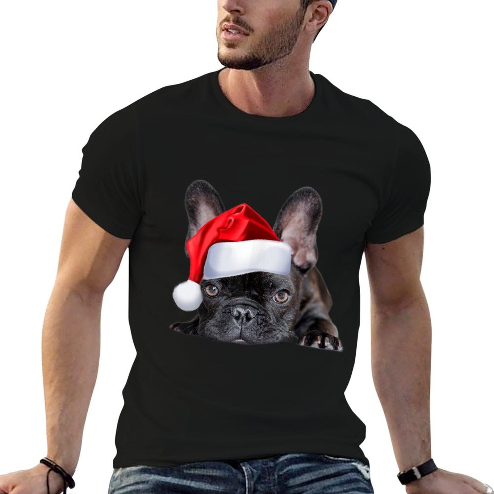 Cute French Bulldog Santa Hat Frenchie Image Christmas Gift  Heathered Texture T-Shirt