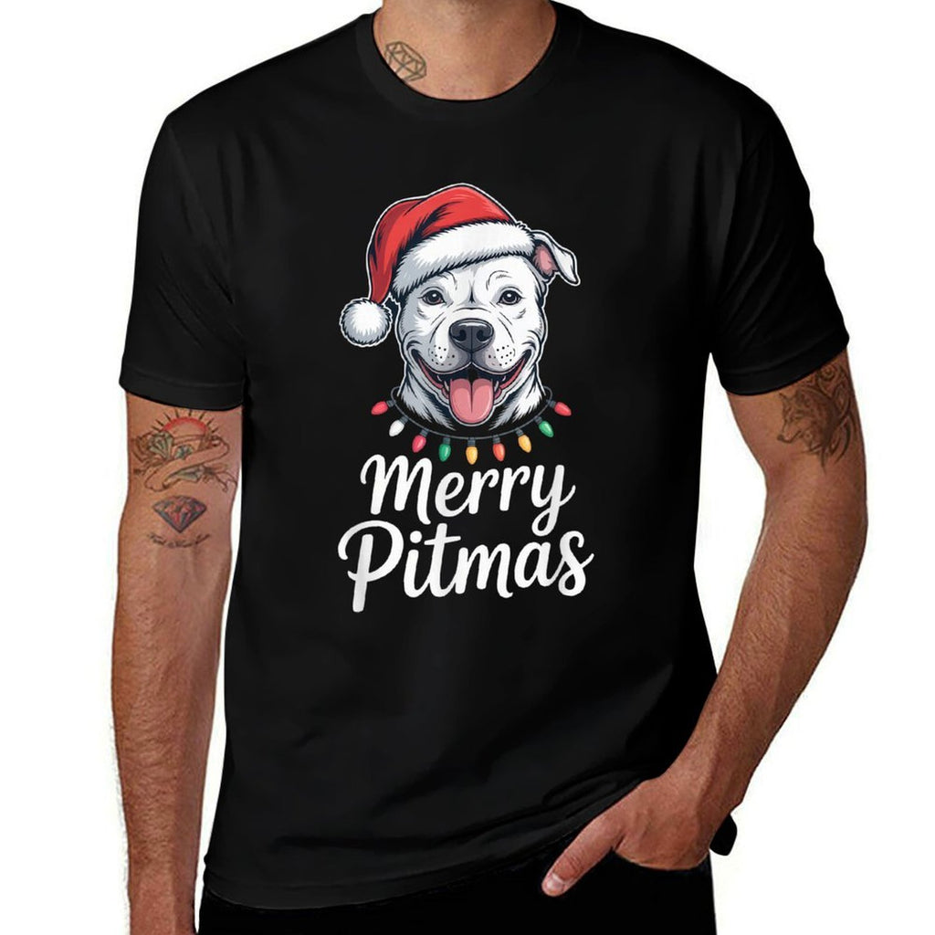 Merry Pitmas Pitbull Dog Christmas Lights Santa Hat  Vintage-inspired T-Shirt