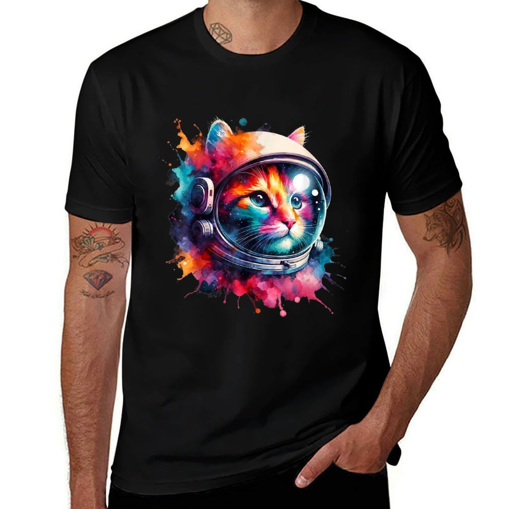 Funny Cat Astronaut Outer Space Watercolor Splash Cat Lover  Heathered Texture T-Shirt