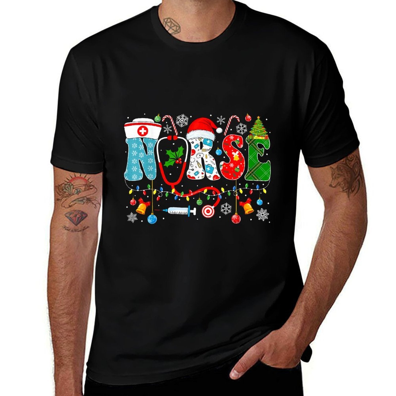 Christmas Nurse Santa Xmas Nursing Pajamas Unisex-Adults Unisex-Kids Black Small Winter Christmas Nurse Santa RN  High-quality Stitching T-Shirt