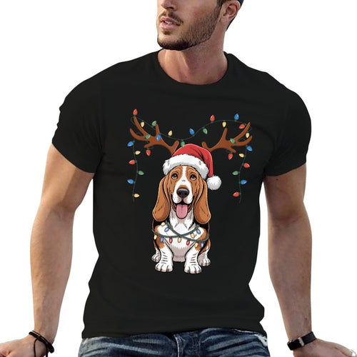 Basset Hound Dog Santa Reindeer Xmas Lights Pet Dogs Lover  Rolled Sleeves T-Shirt