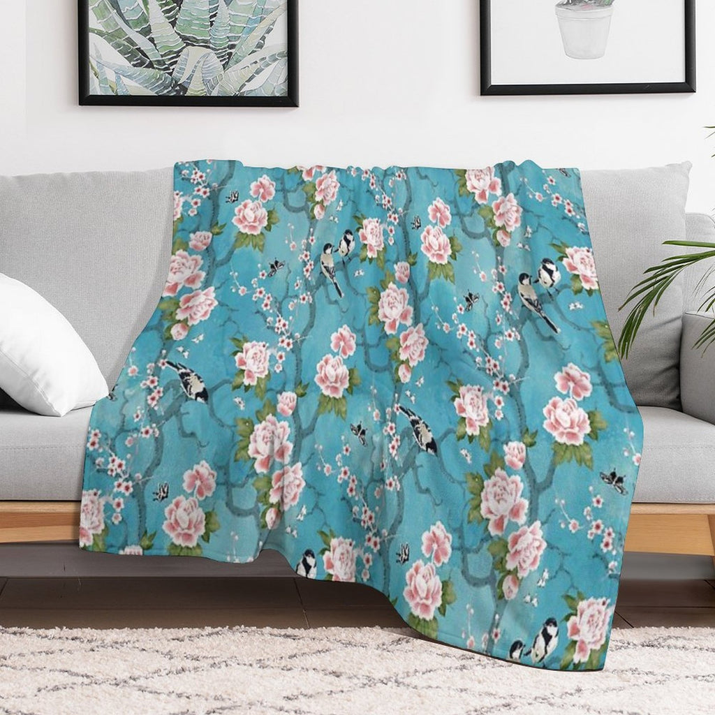Chinoiserie Birds in Turquoise Blue Eco-conscious Throw Blanket
