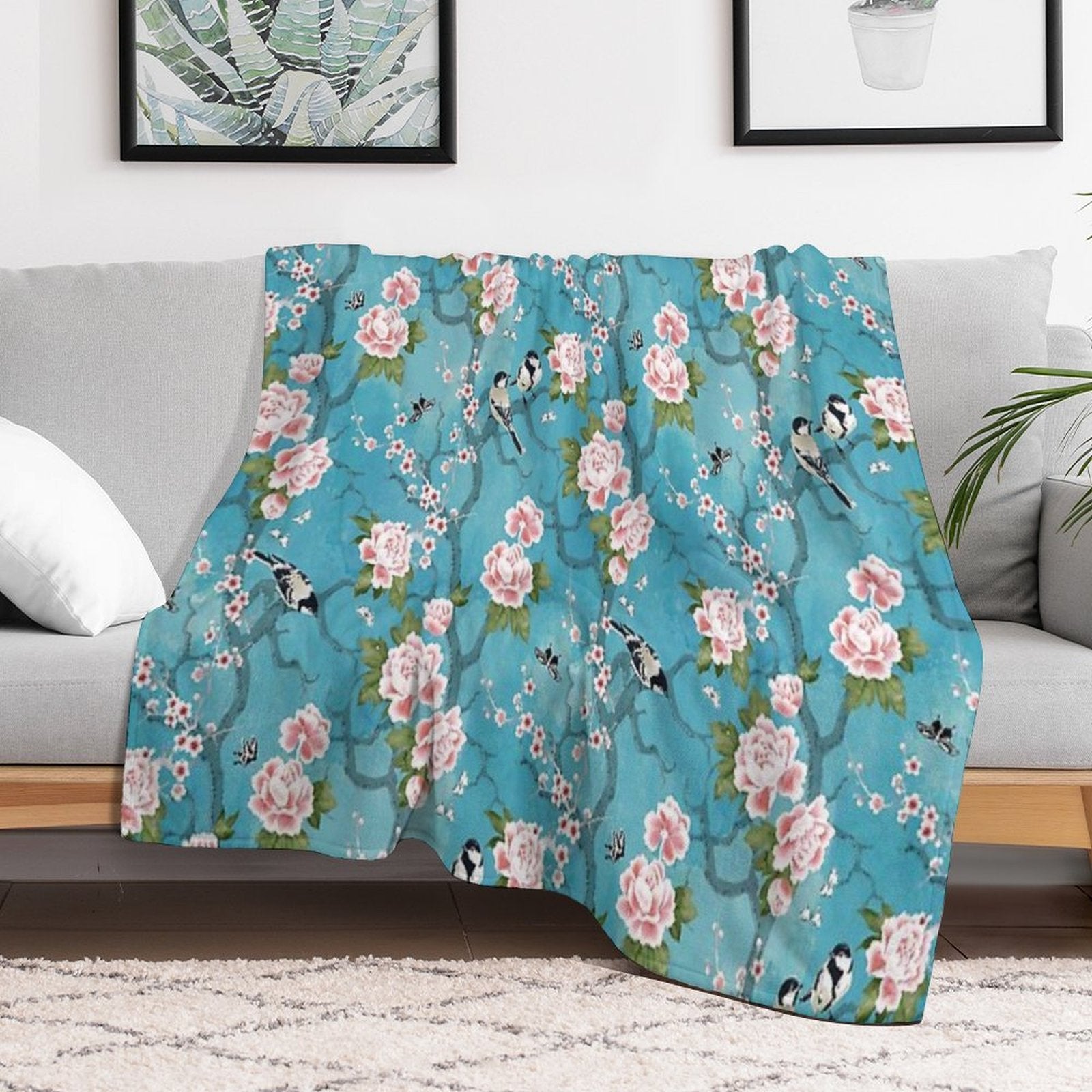Chinoiserie Birds in Turquoise Blue Eco-conscious Throw Blanket