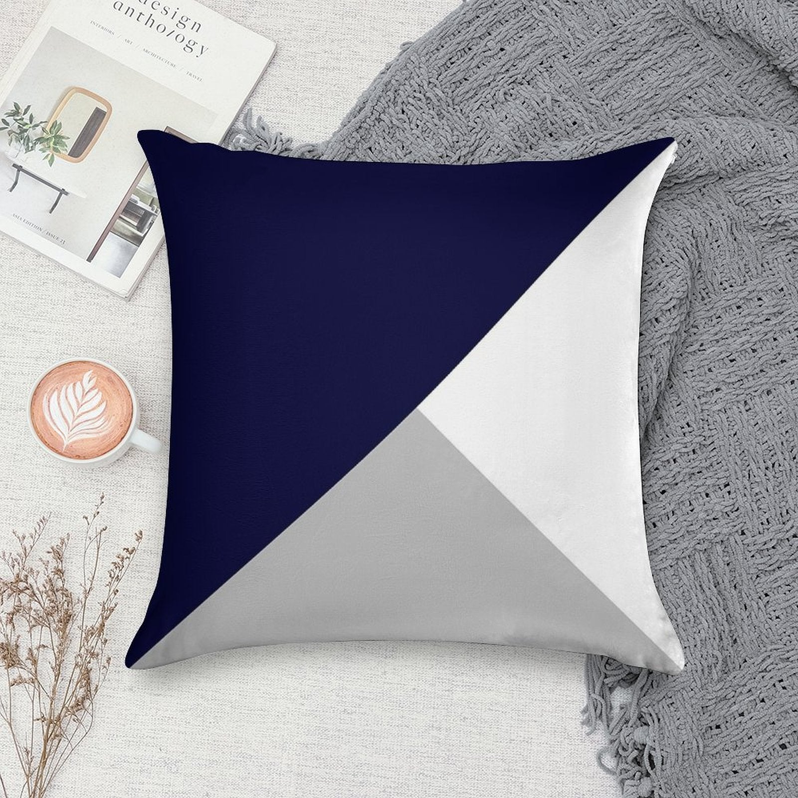 Tricolor Navy Blue Silver Gray And White Soft Short Plush Fabric Throw Pillow
