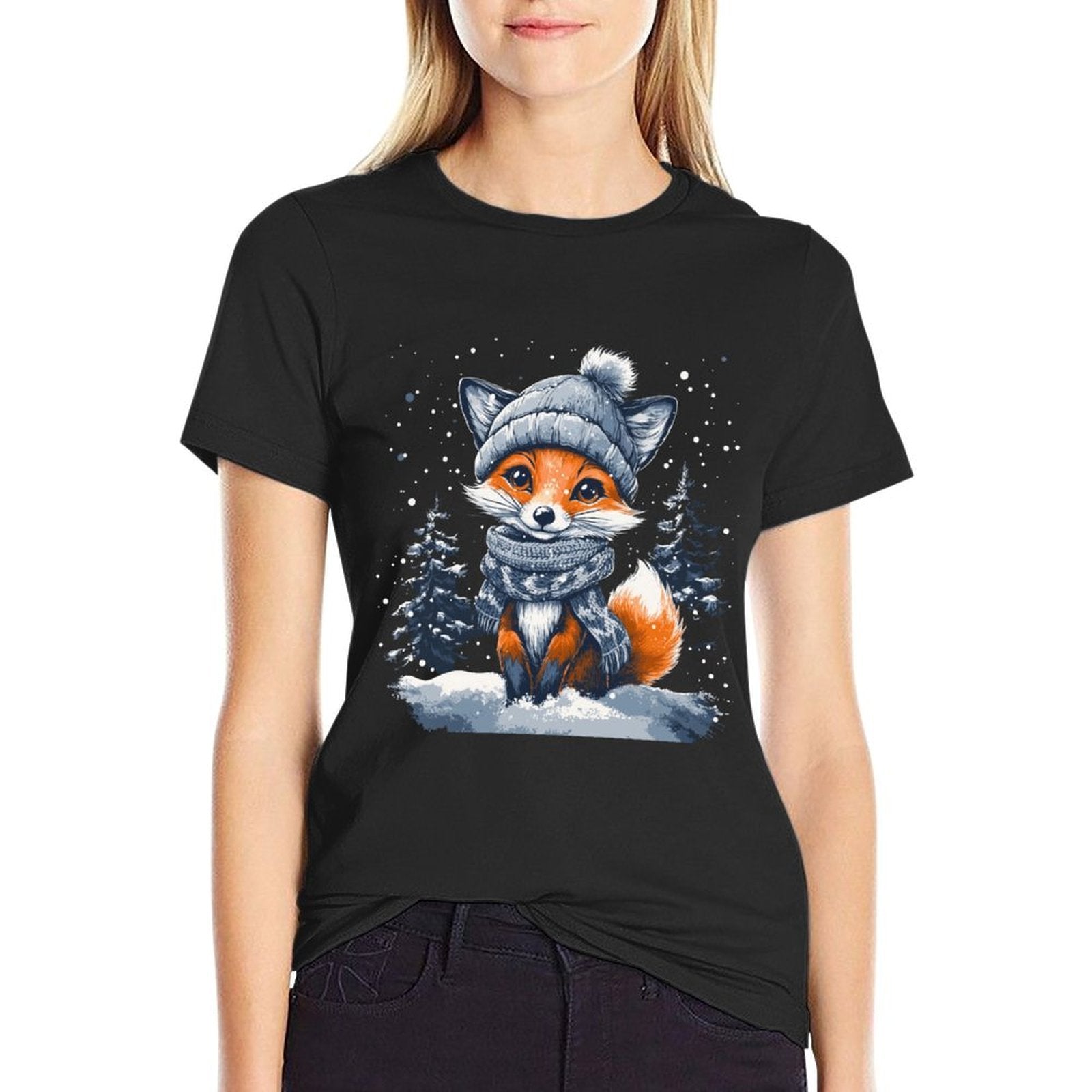 Fox Wearing Winter Hat  Scarf Snowy Christmas Scene  Eco-friendly Material T-Shirt
