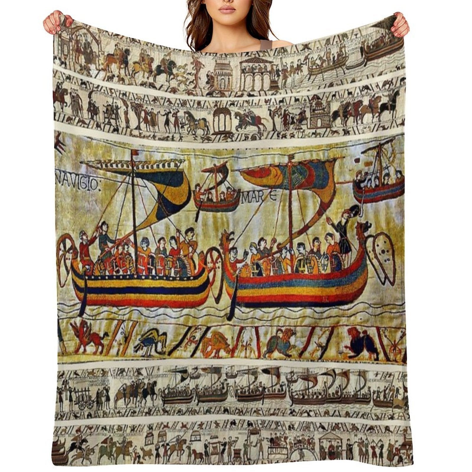 THE BAYEUX TAPESTRY ,VIKING SHIPS Sustainable Throw Blanket