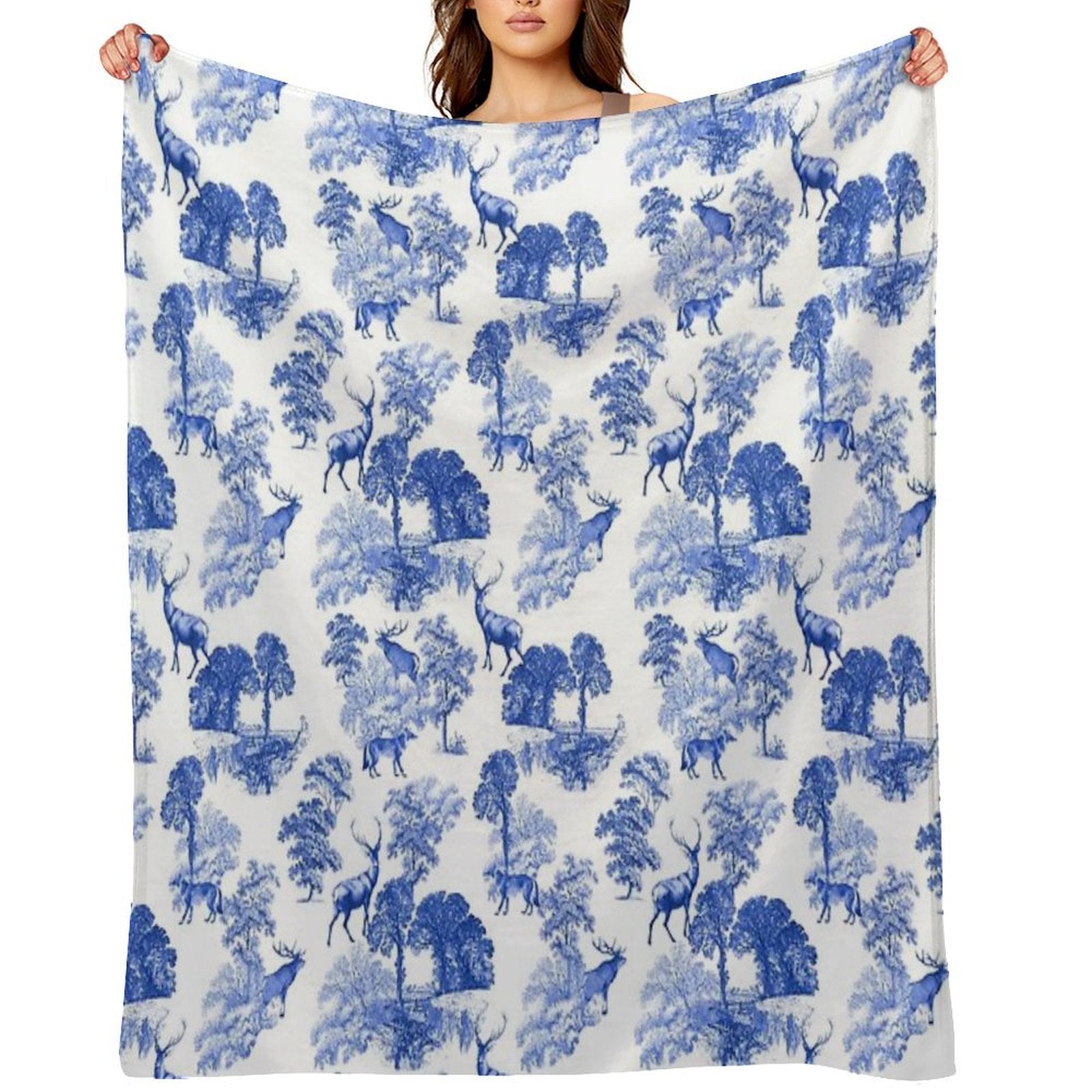 Elegant Vintage Blue Toile Deer in Woodland Quick-dry Throw Blanket