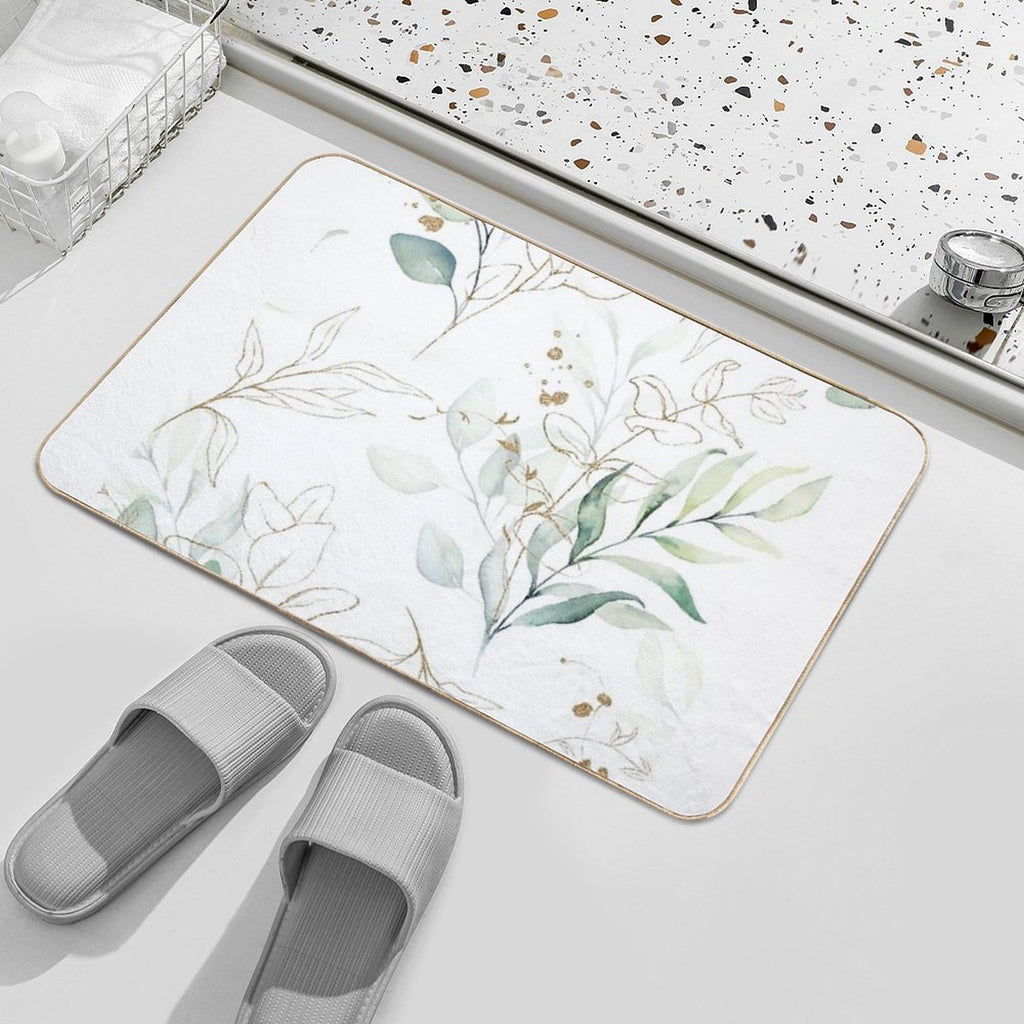 Eucalyptus Leafs And Gold Pattern Watercolor Print by Zouzounio Art  Fade-Resistant Bath Mat