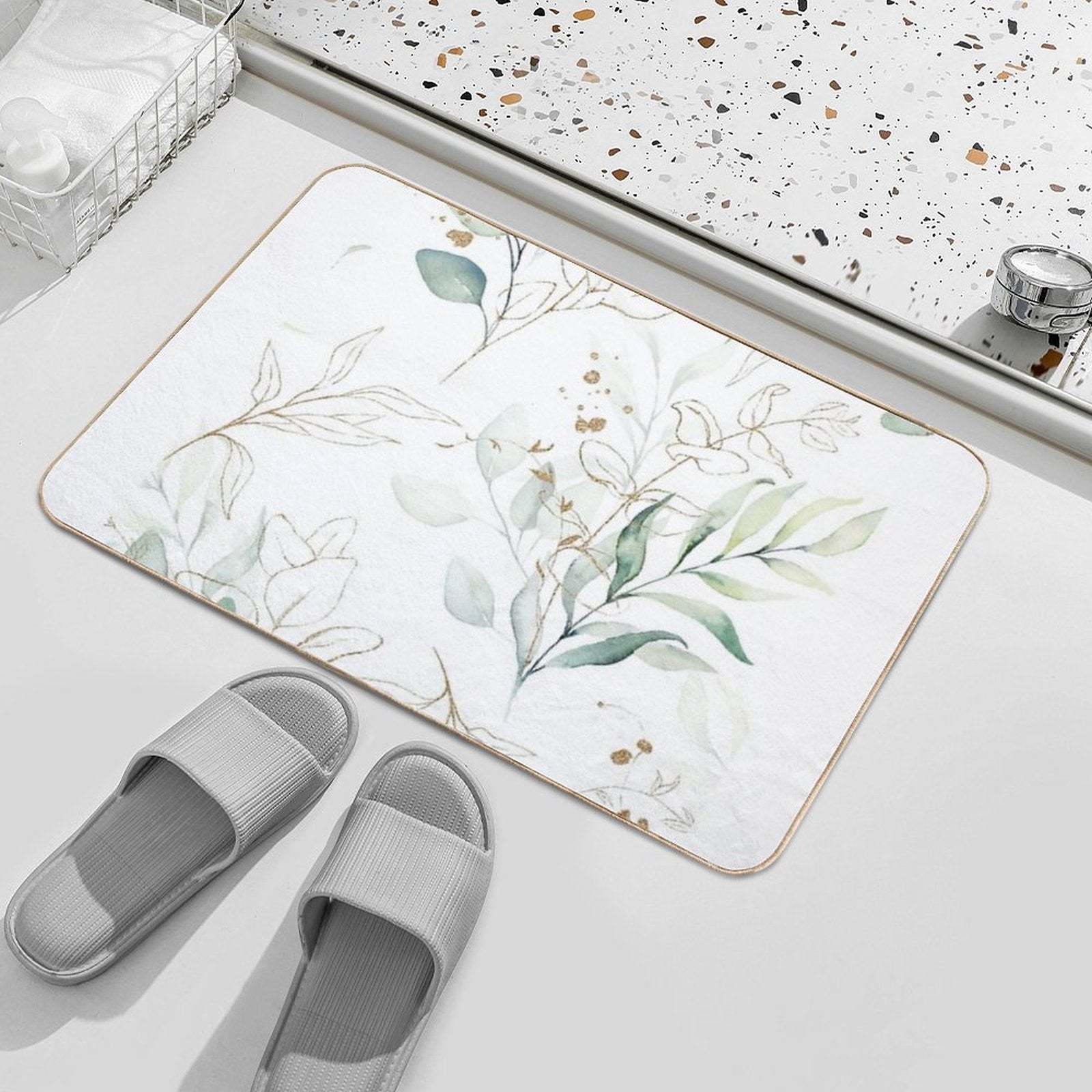 Eucalyptus Leafs And Gold Pattern Watercolor Print by Zouzounio Art  Fade-Resistant Bath Mat