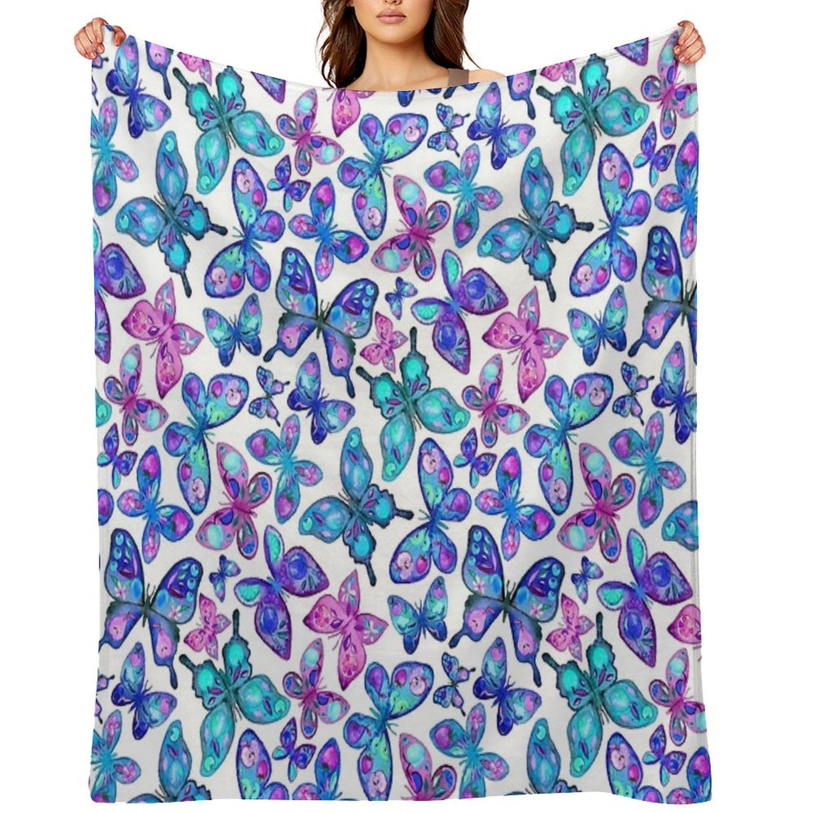 Watercolor Fruit Patterned Butterflies - Aqua And Sapphire Compact Throw Blanket