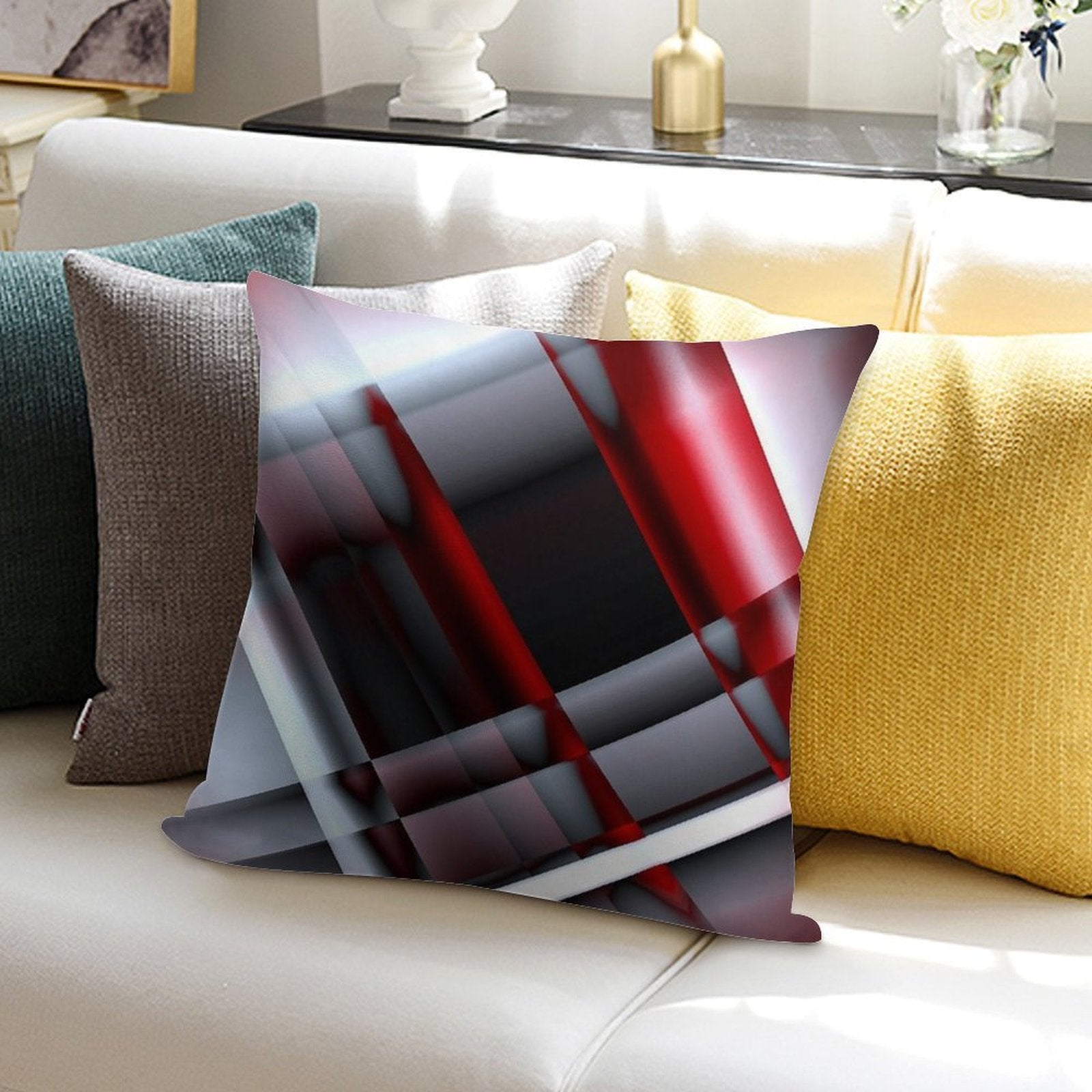 Decorative Red And White Soft Short Plush Fabric Throw Pillow