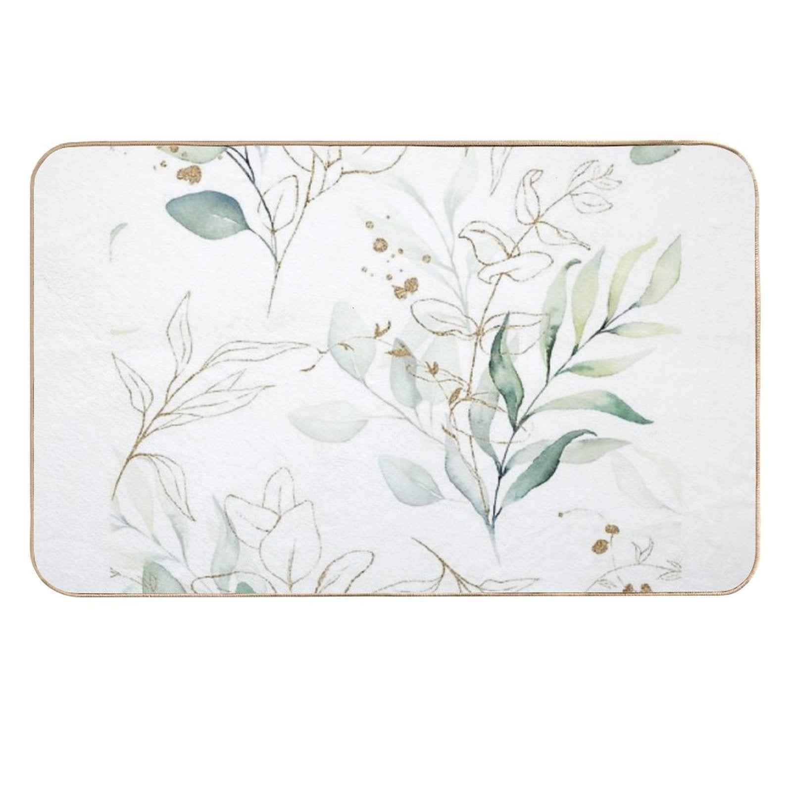 Eucalyptus Leafs And Gold Pattern Watercolor Print by Zouzounio Art  Fade-Resistant Bath Mat