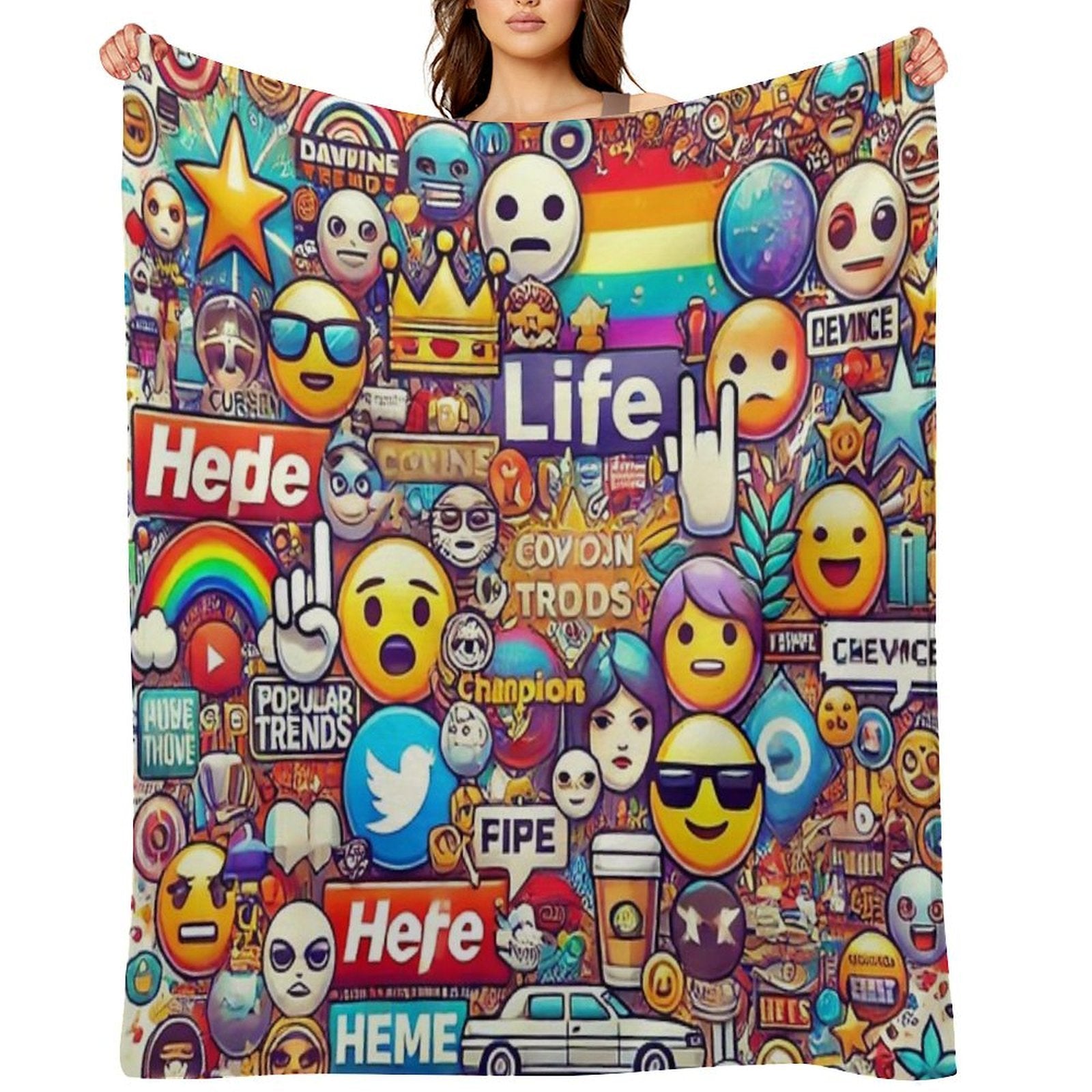 Internet Trends And Emojis Collage - Digital Pop Art Plush Throw Blanket