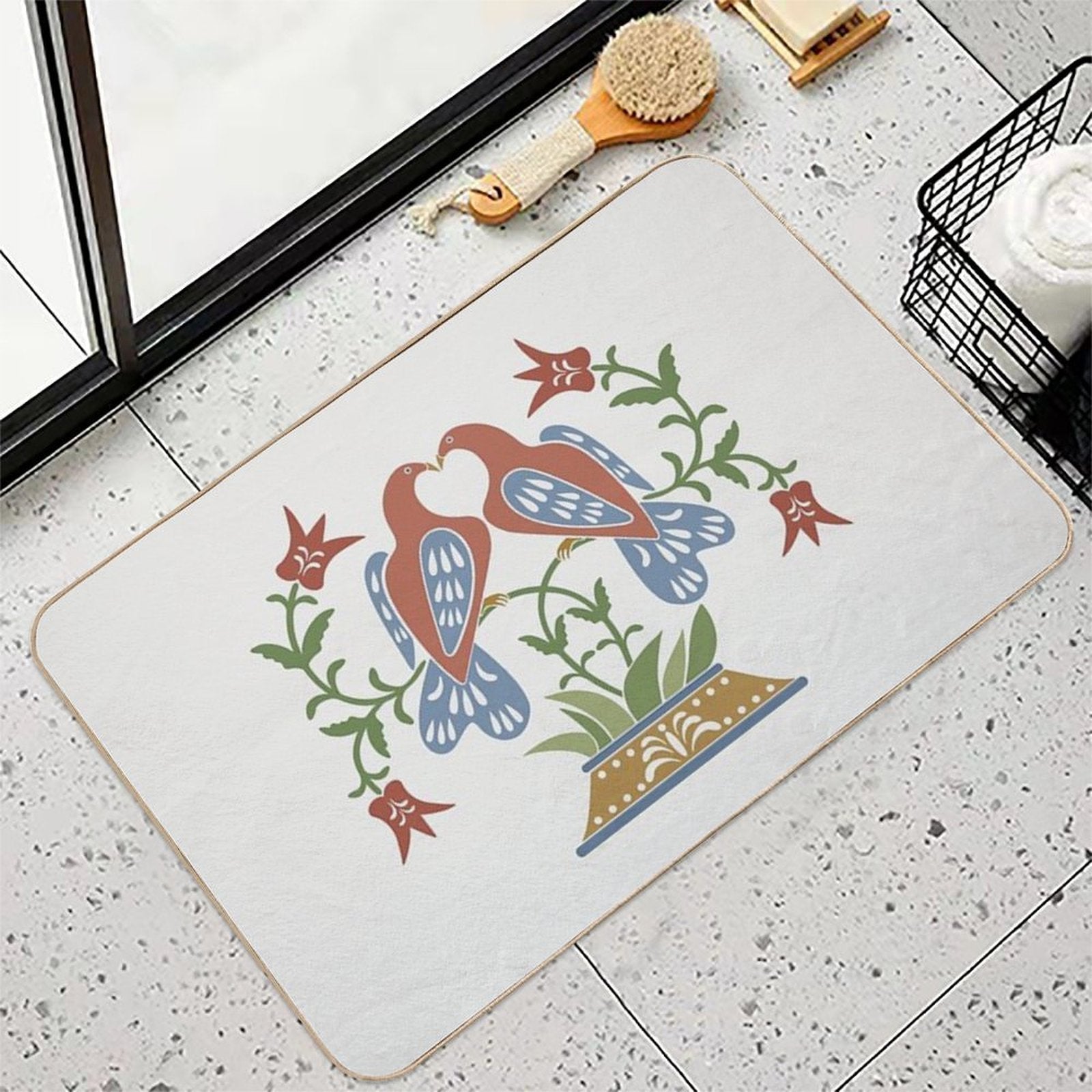 Folk Art Love Birds with Tulips  Pet-Safe Bath Mat
