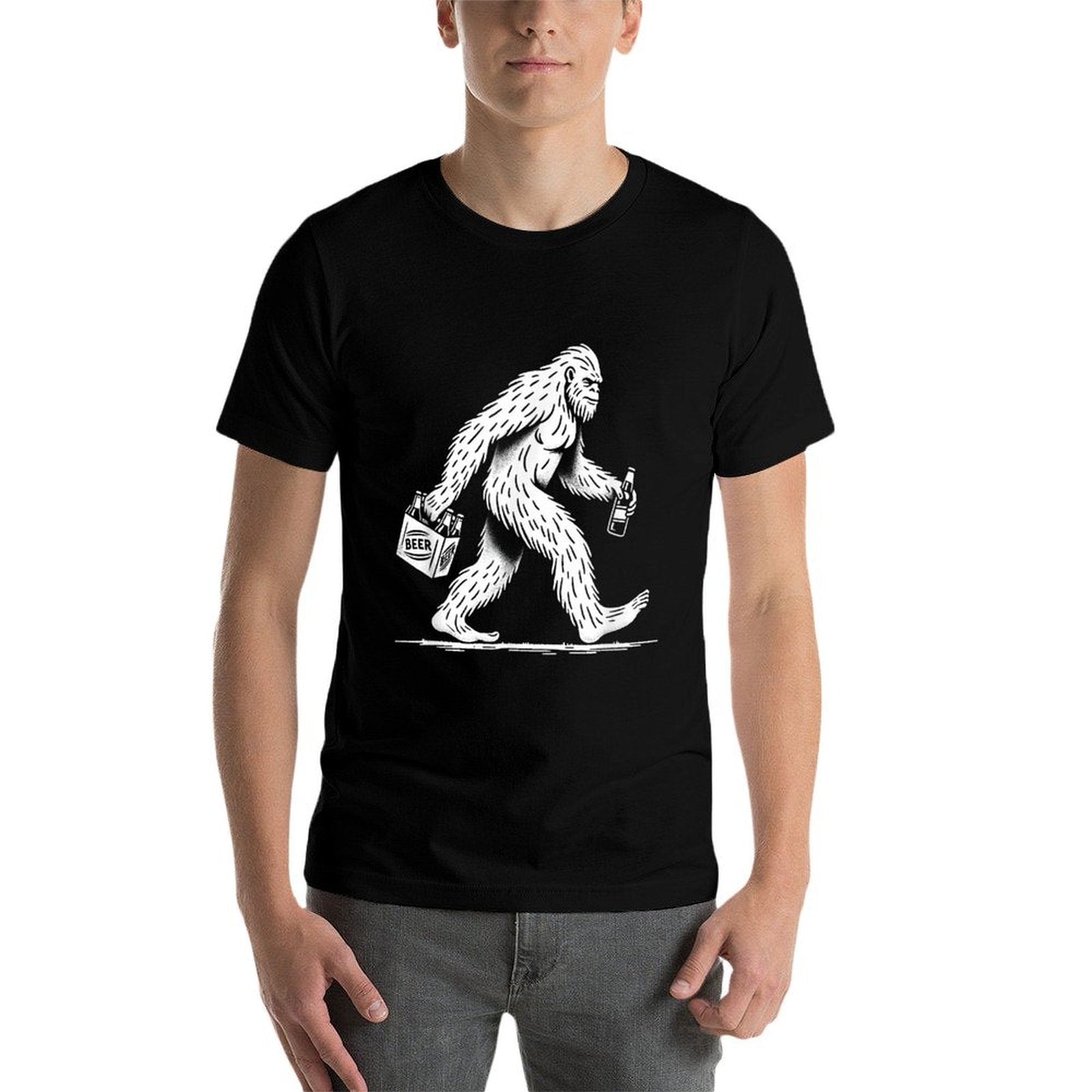 Retro Bigfoot Drinking Beer – Funny Sasquatch  Easy-care T-Shirt