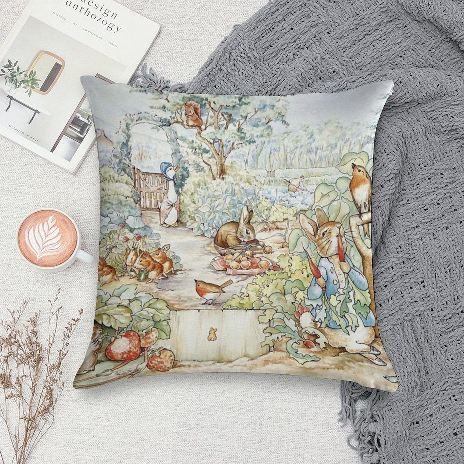 Beatrix Potter Storybook Characters in Garden Soft Easy Maintenance Throw Pillow