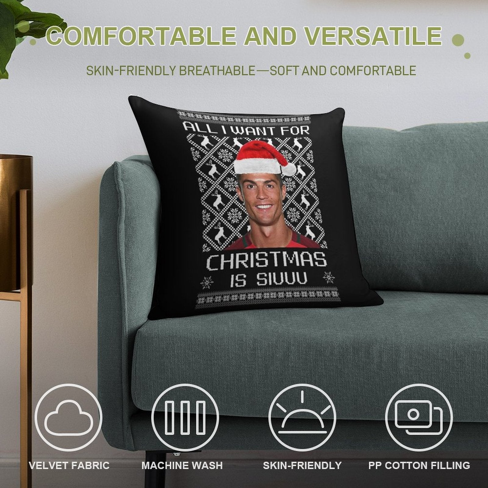 Cristiano Ronaldo Siuuu Christmas Sweater Soft Ultra-Soft Texture Throw Pillow