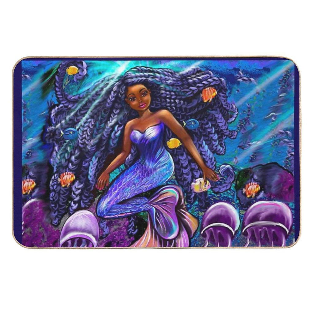 Mermaid Underwater with Flowing Shimmering Blue Black Braids 2 Fish And Jelly Fish  , Brown Eyes Curly Afro Hair And Caramel Bro  Toxin-Free Bath Mat