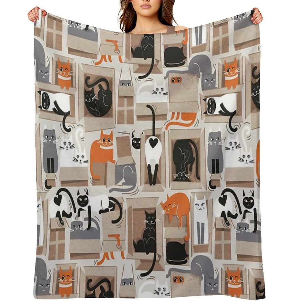 Purfect Feline Architecture  Beige Background Cute Cats in Cardboard Boxes Sustainable Throw Blanket
