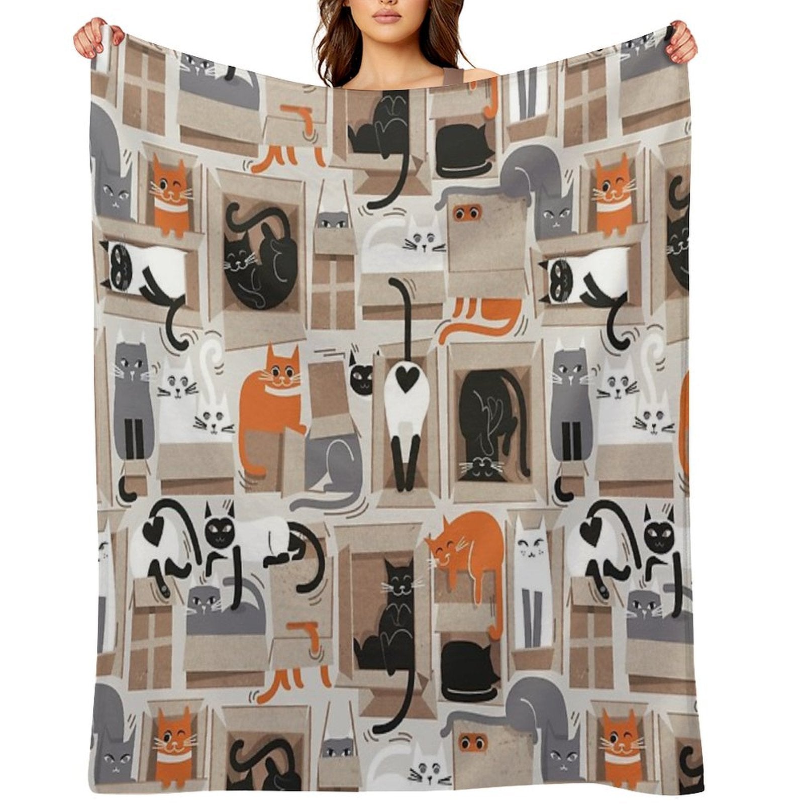 Purfect Feline Architecture  Beige Background Cute Cats in Cardboard Boxes Sustainable Throw Blanket