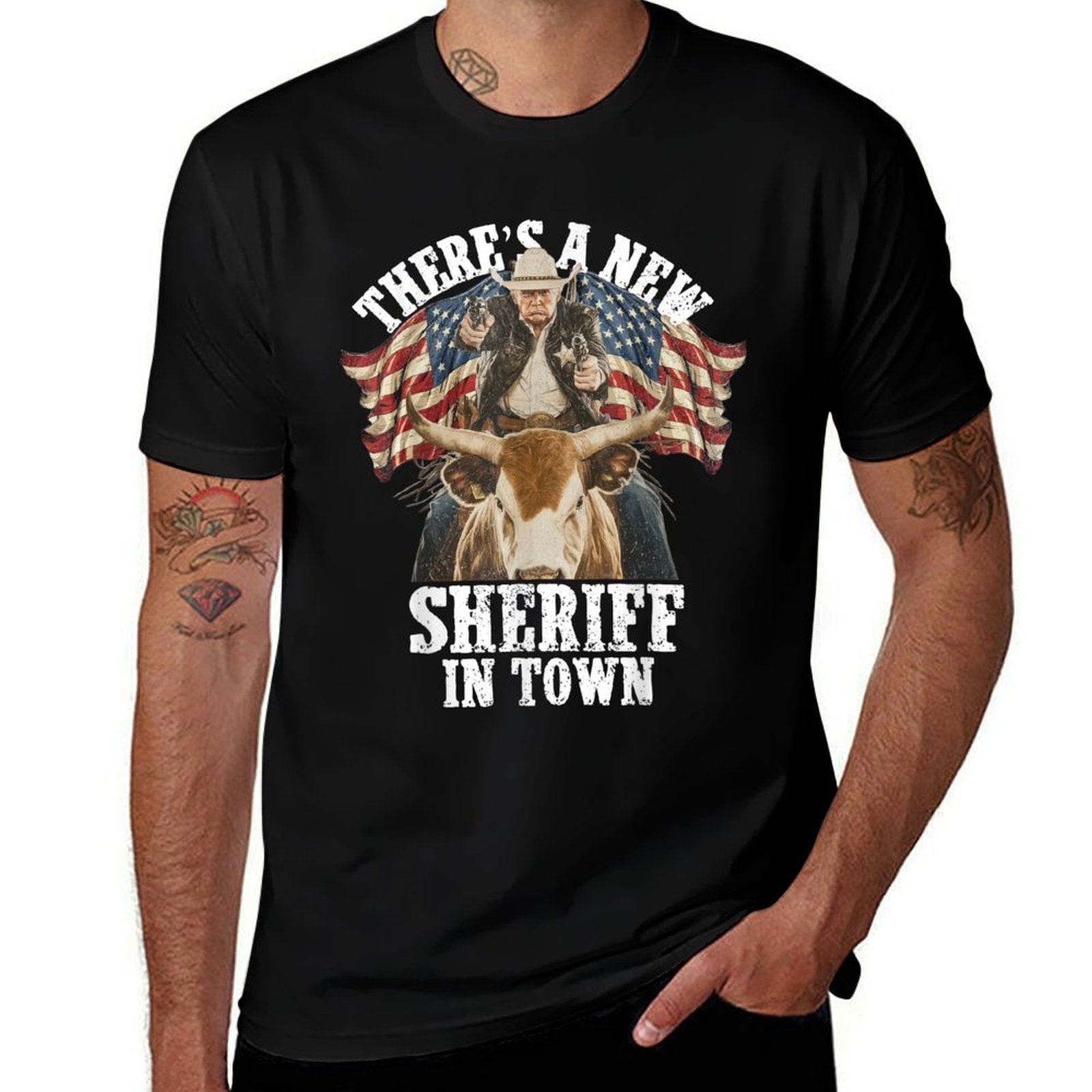 Cowboy Trump 2025 There's A New Sheriff In Town  Rolled Sleeves T-Shirt