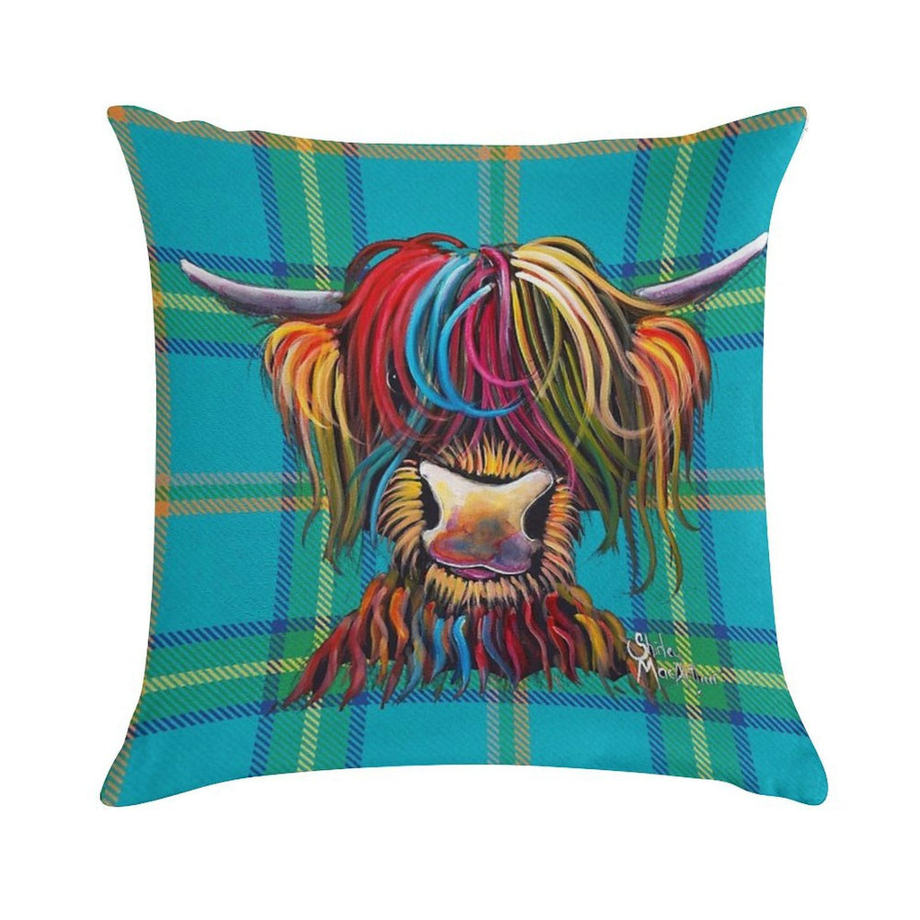 SCoTTiSH HiGHLaND CoW ' TaRTaN NeLLY B ' by SHiRLeY MacARTHuR Soft Fade-Resistant Throw Pillow