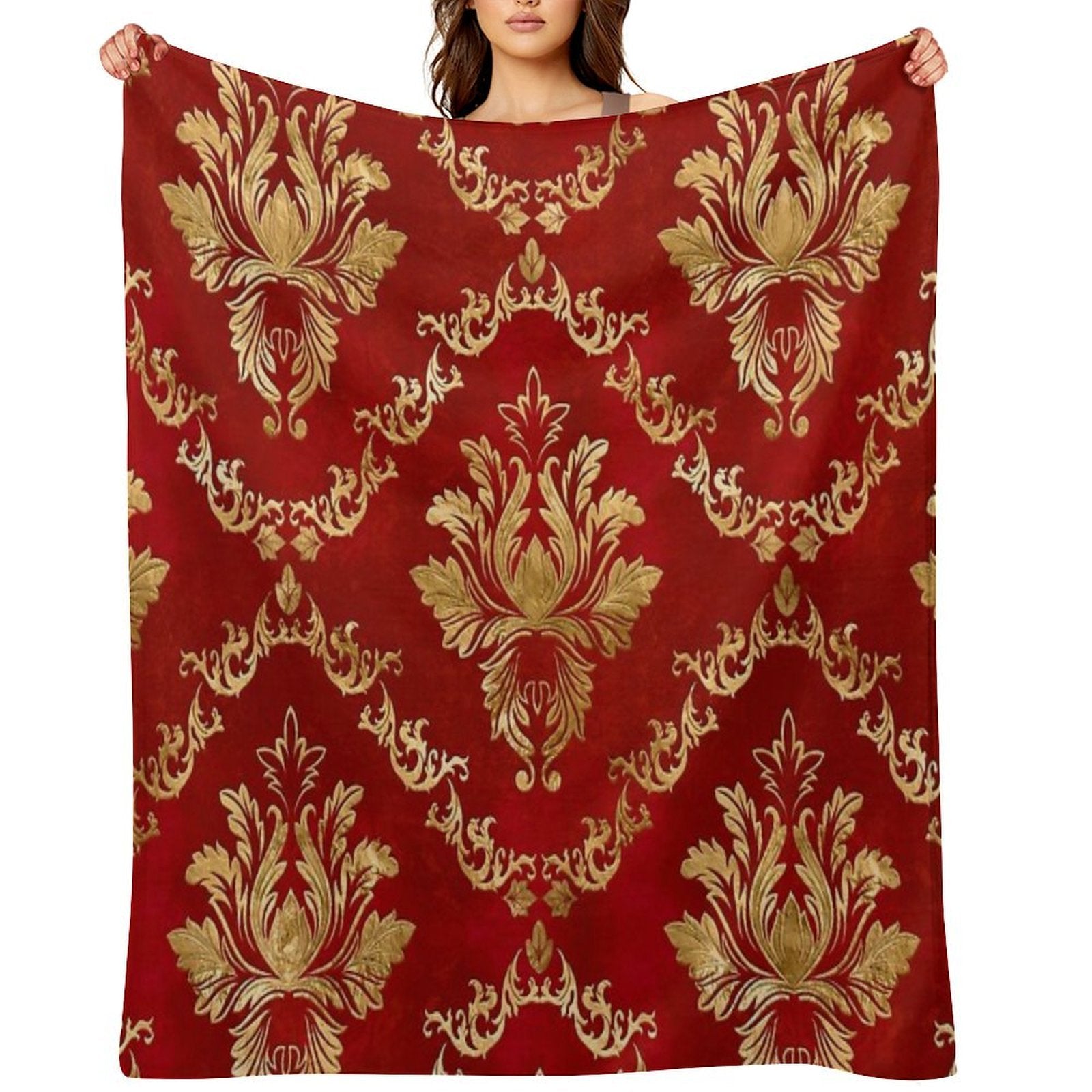 Oriental Vintage Damask Pattern - Red And Gold Shrink-resistant Throw Blanket
