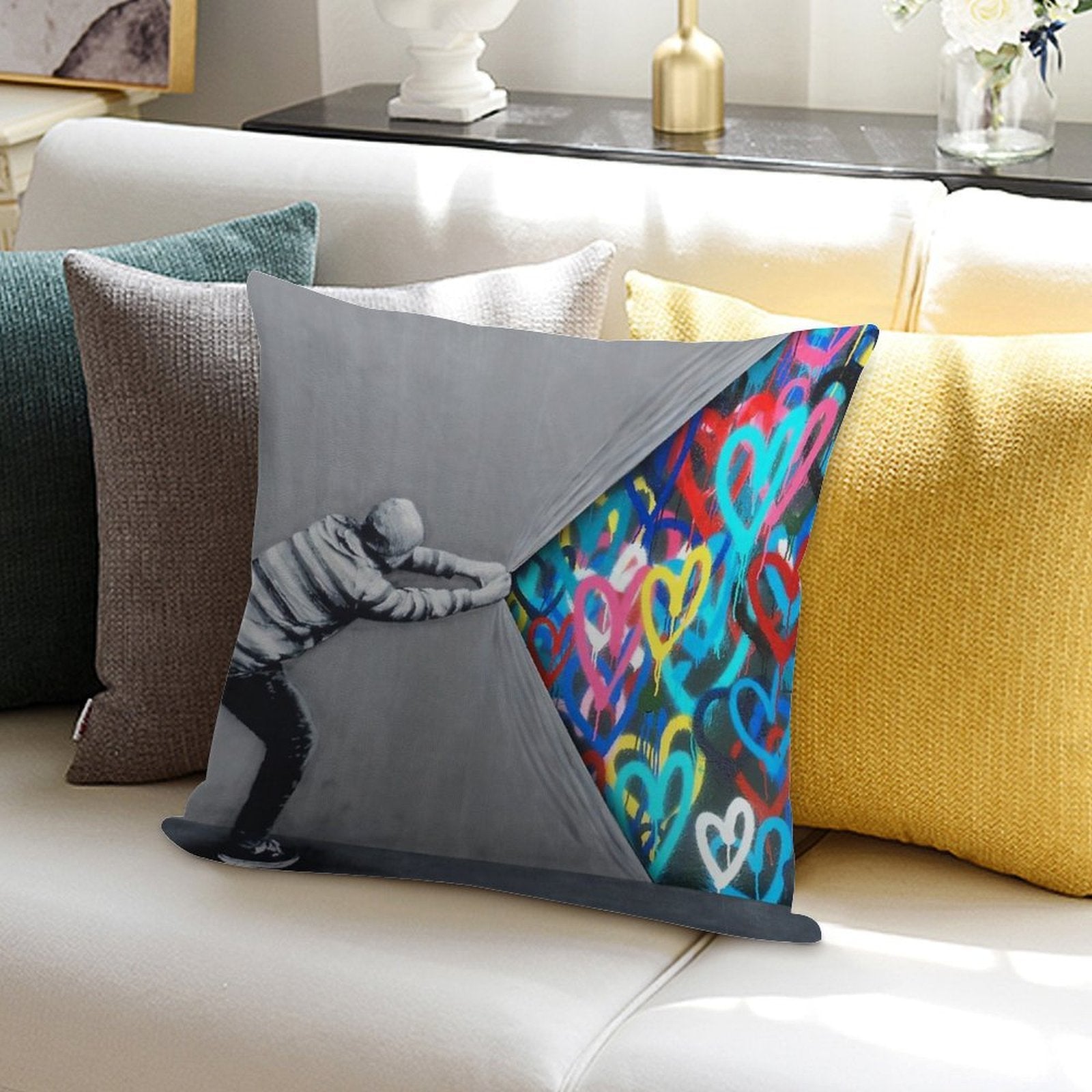 Behind The Curtain Graffiti Hearts Spray Paint Art Soft Easy Maintenance Throw Pillow