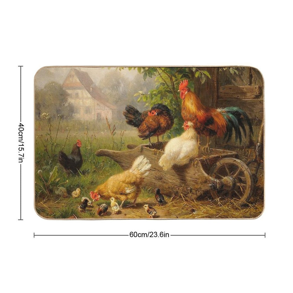 A Watchful Eye ,Rooster,Hens And Chickens With Wheelbarrow in Countryside  Stain-Proof Bath Mat
