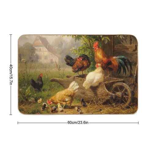 A Watchful Eye ,Rooster,Hens And Chickens With Wheelbarrow in Countryside  Stain-Proof Bath Mat